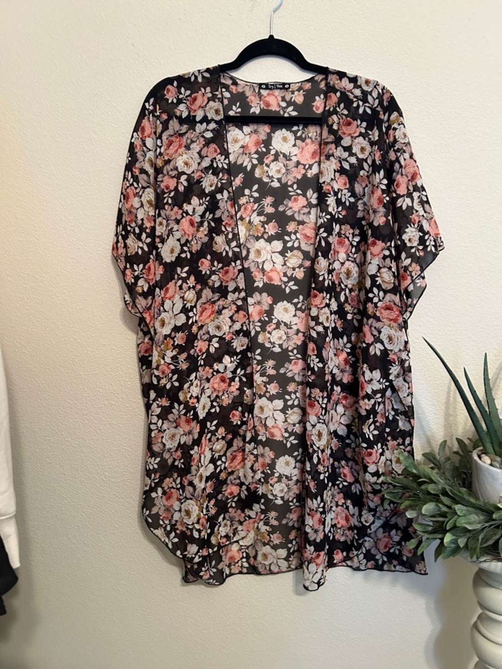 Try This Floral Kimono Tunic - Black with Pink Floral